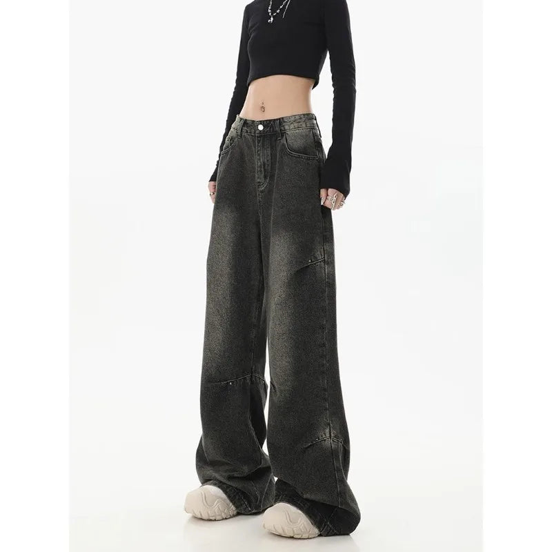 Deeptown Y2k Vintage Black Jeans Women Streetwear Baggy Denim Pants Wide Leg Harajuku Korean Trousers Goth Spring 2024 American - reetell