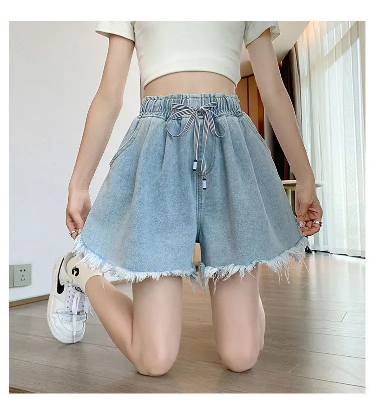 Big Size Denim Shorts Summer Thin Section Wide Leg Wide Loose Tight High Waist Female Students Fattening Women Tassel Wide - reetell