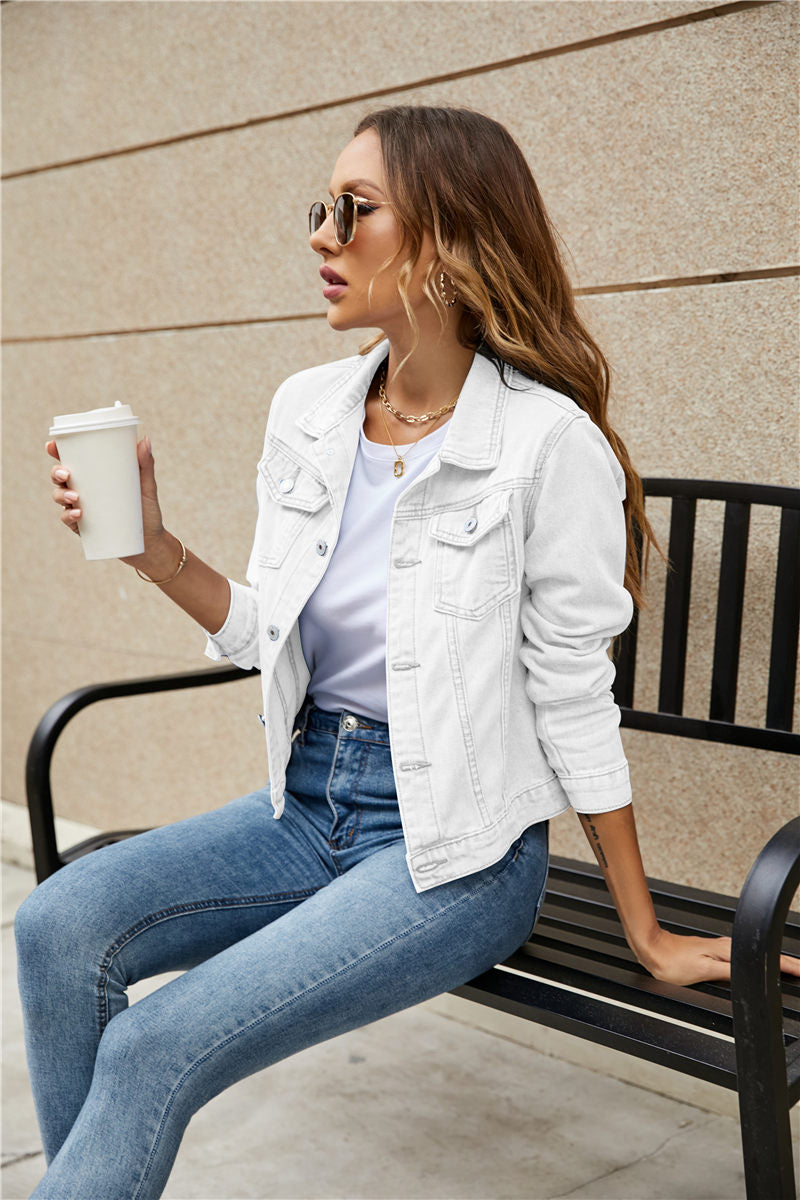 Women's Denim Jackets Fashion Female Casual Long Sleeve Lapel Solid Button Down Chest Pocket Slim Jean Jacket Fall Winter Coat