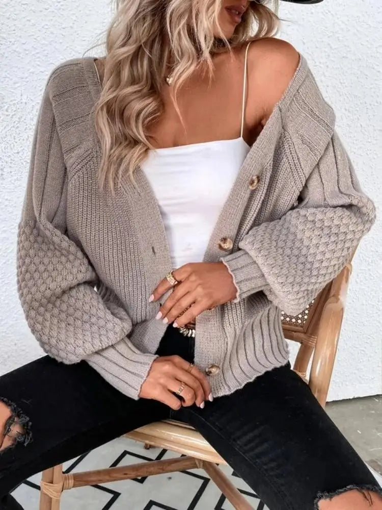 Women's autumn and winter V-neck solid color long sleeve cardigan texture knit cardigan button sweater coat - reetell