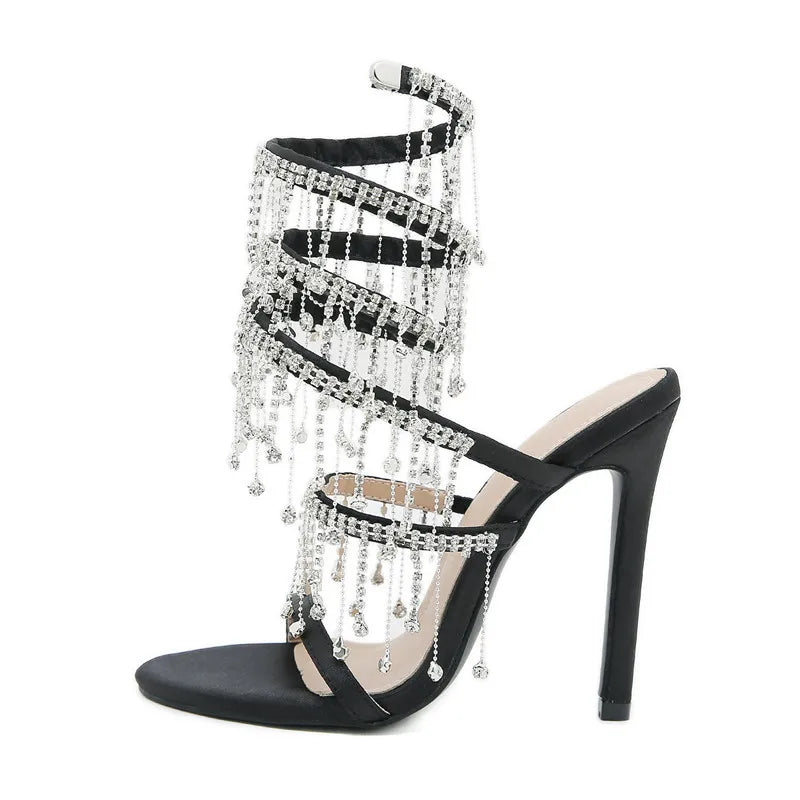 Runway style Bling Bling Crystal Tassels Snake Coiled Women Sandals Sexy Stiletto High heels Summer Fashion Party Prom Shoes - reetell