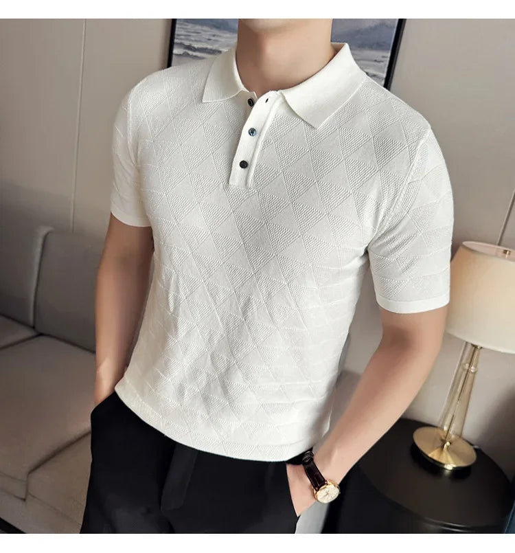 High-quality Men's Jacquard Polo Shirt, Business Casual Men's Solid Color Short-sleeved Top,  Geometric Pattern Men's T-shirt.