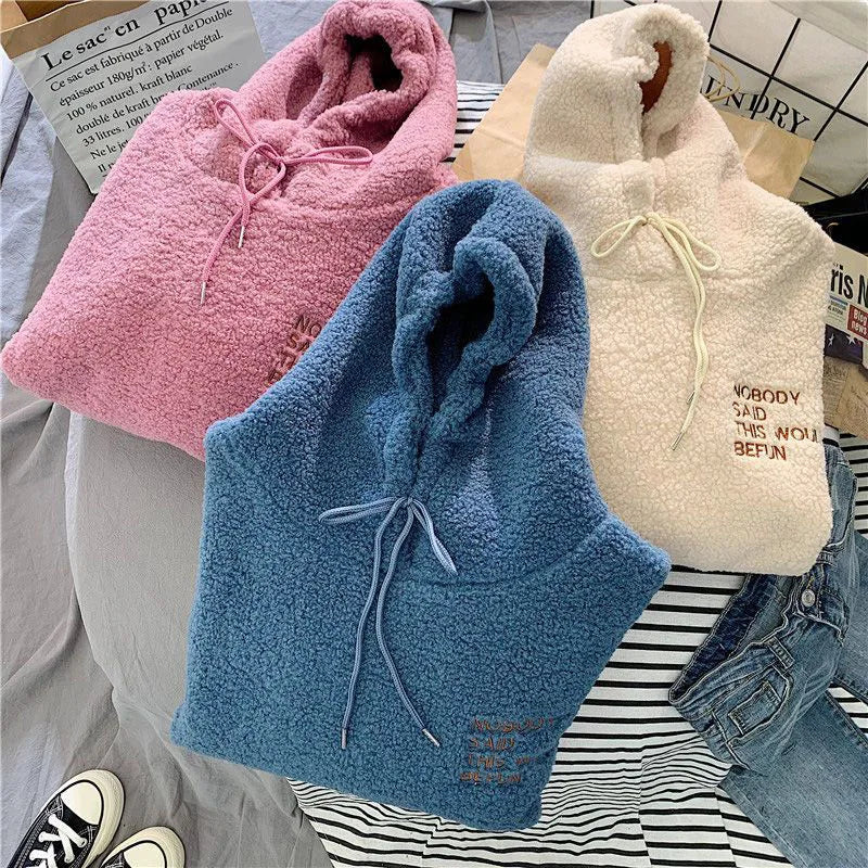 Fleece Hooded Sweatshirt Women Padded Thickened Warm Long Sleeve Pullover Preppy Style Casual Letters Winter Female Coat - reetell