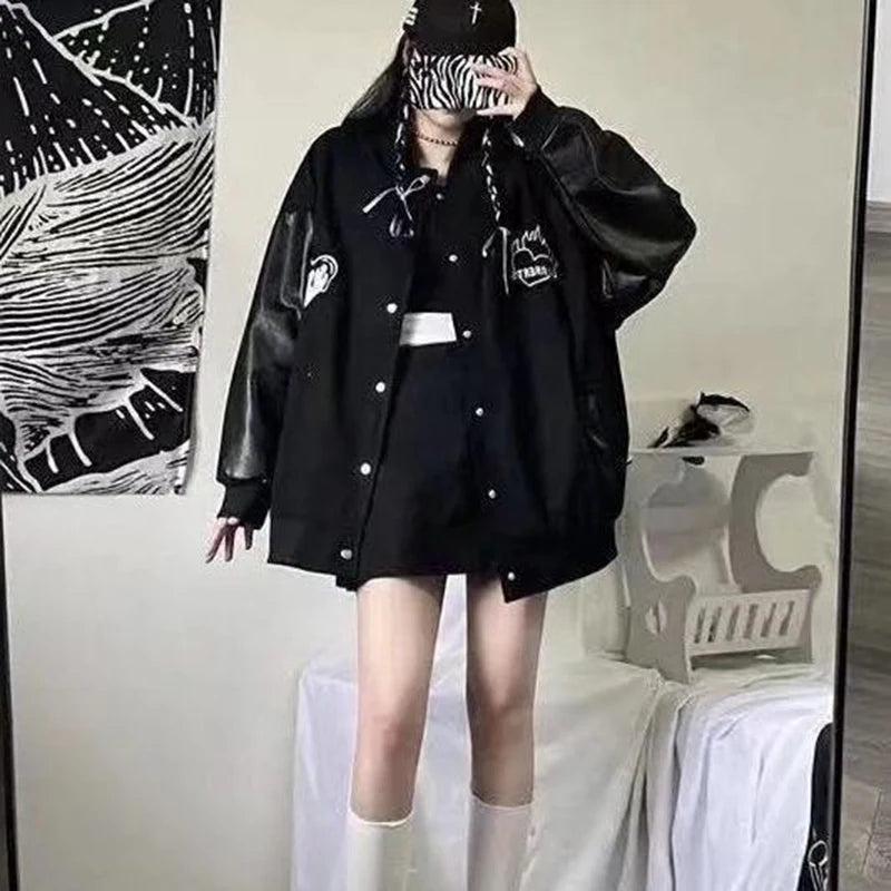 MEXZT Harajuku Black Coat Women Patchwork Bomber Jackets Bf Streetwear Korean Leather Print Oversized Casual Baseball Jacket