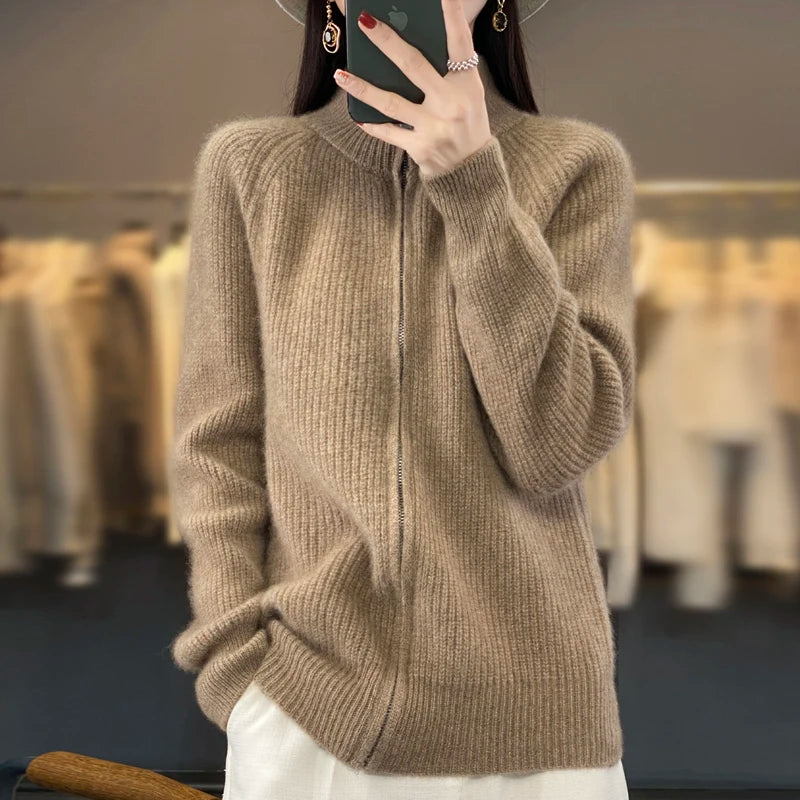 100% Pure Wool Zipper Cardigan Padded Shoulder Stand Collar Women's Cashmere Knitted Coat New Lapel Sweater - reetell