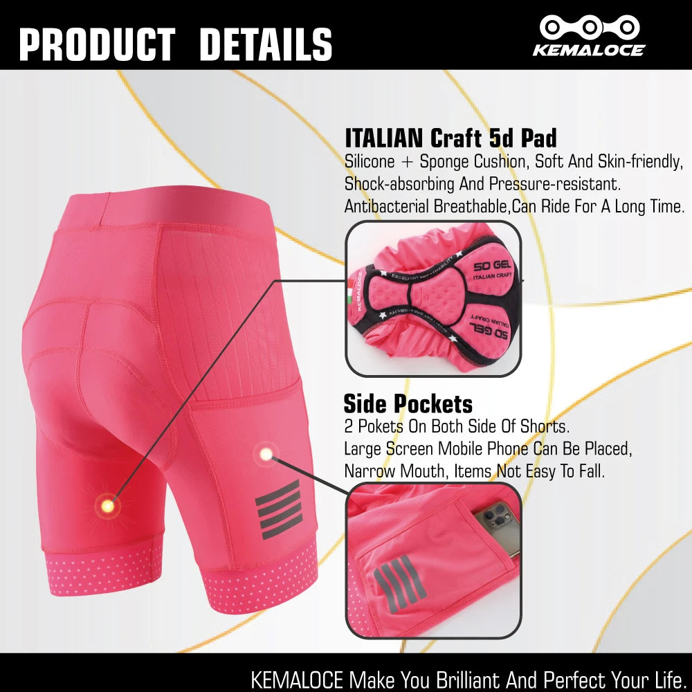 KEMALOCE Women Cycling Shorts 2024 Pink&Black Breathable Summer Bicycle Shorts Female 5D Gel Pad Pocket Lady Bike Shorts - reetell