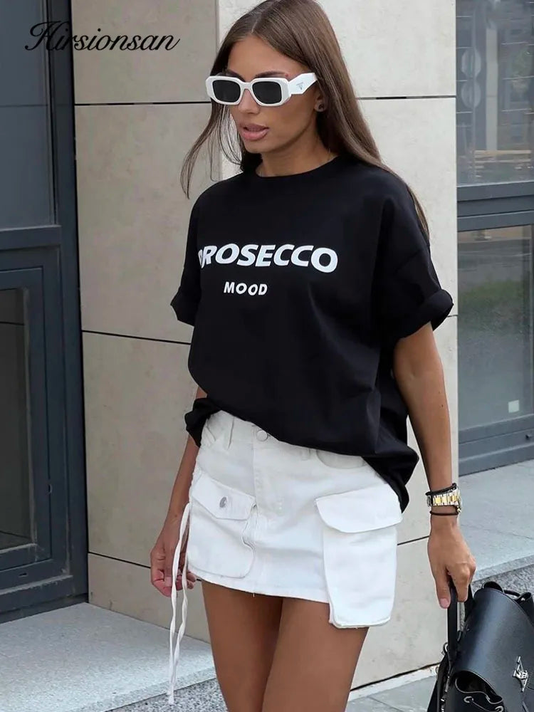 Hirsionsan 100% Cotton Letter Print T Shirt Women 2024 Summer New Basic Vintage Tee Casual Loose Chic O Neck Female Couple Tops - reetell