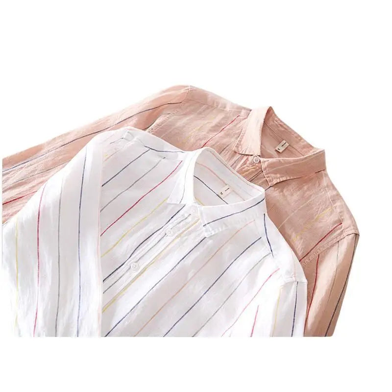 Spring Summer New Striped Dress Men's Linen 100% Pocket Business Casual Shirts For Men High Street Loose Thin Clothes Tops