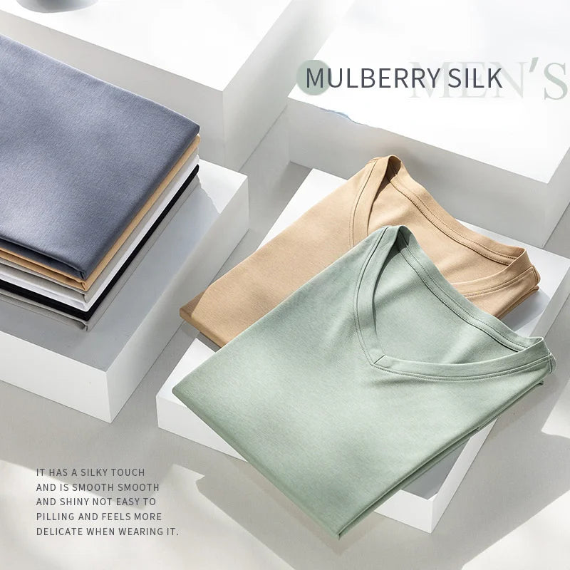 Summer Men Mulberry Silk Mercerized Cotton T Shirt V-neck Loose Short Sleeve Basic T-shirts 7%Silk