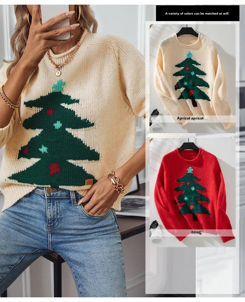 Drizzle Christmas tree pullover sweater for women Autumn and winter round collar loose holiday knitwear for women - reetell