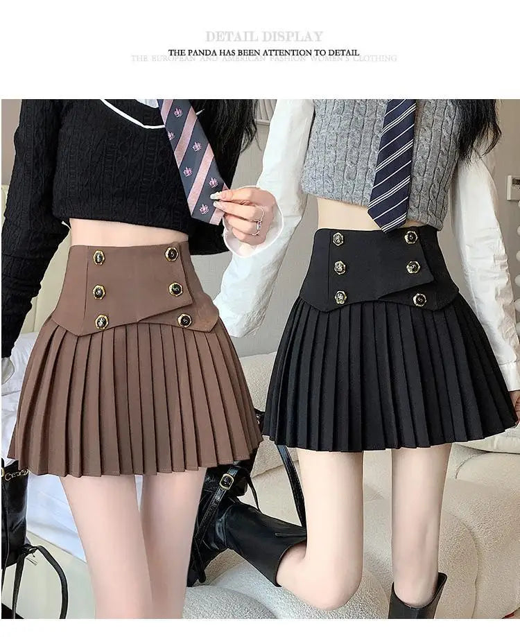 Pleated Skirt New Spring Autumn All-match Buttons Solid Color High Waist A-line Skirt Femme Preppy Style Pleated Trend Skirts - reetell