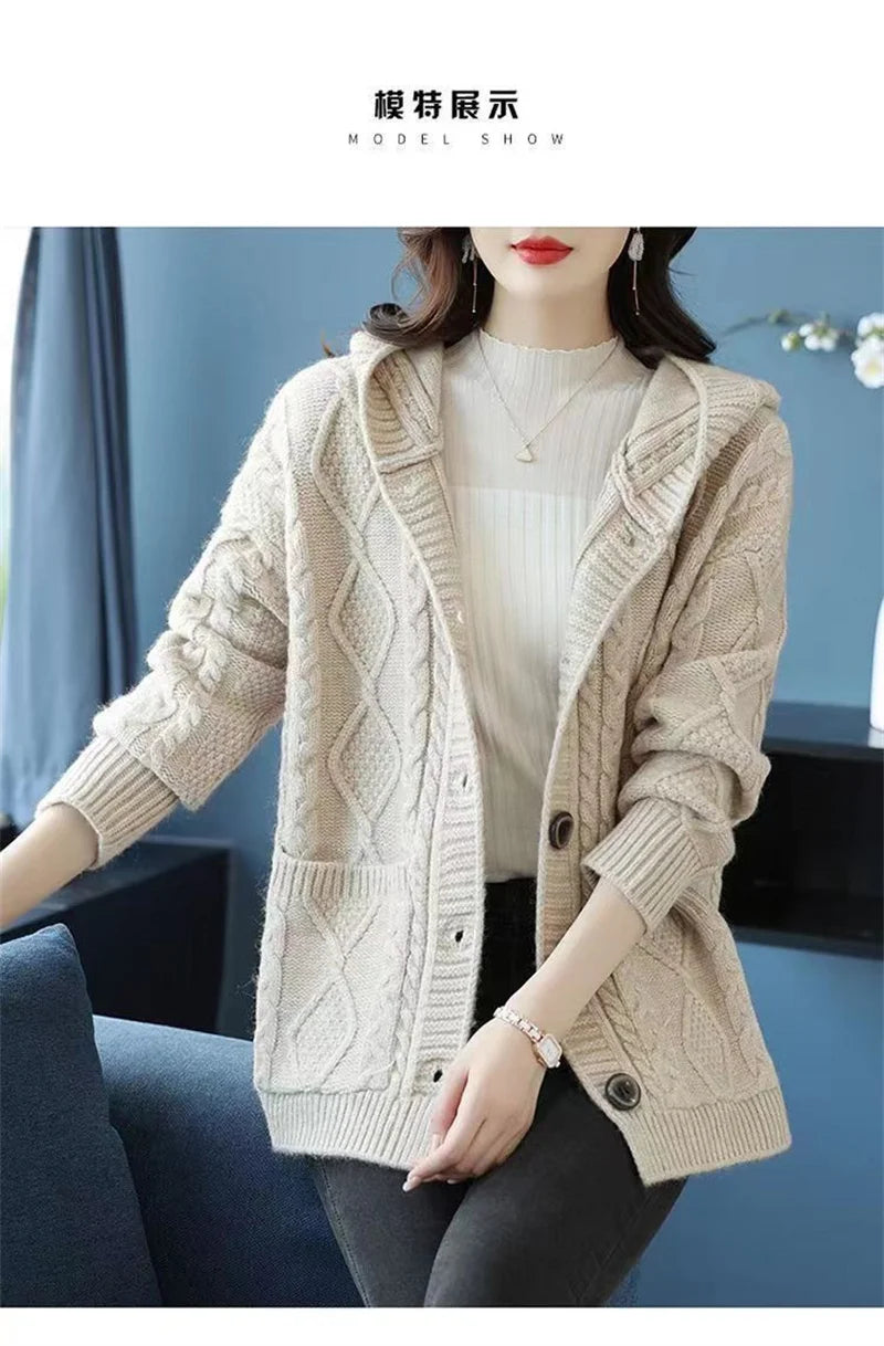 Hooded Sweater Spring And Autumn Mother Sweater Jacket Female Jacket 2023 New Loose Pocket Zipper Knitted Cardigan Mom HoodyCoat - reetell