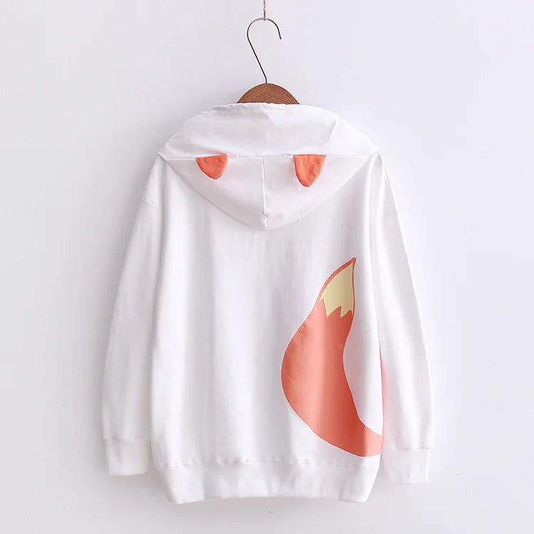 Hot Autumn Cute Fox Printing Hooded Sweatshirt Women Clothing Pullovers Plus Velvet Patchwork Female Sweet Thick Warm Hoodies - reetell