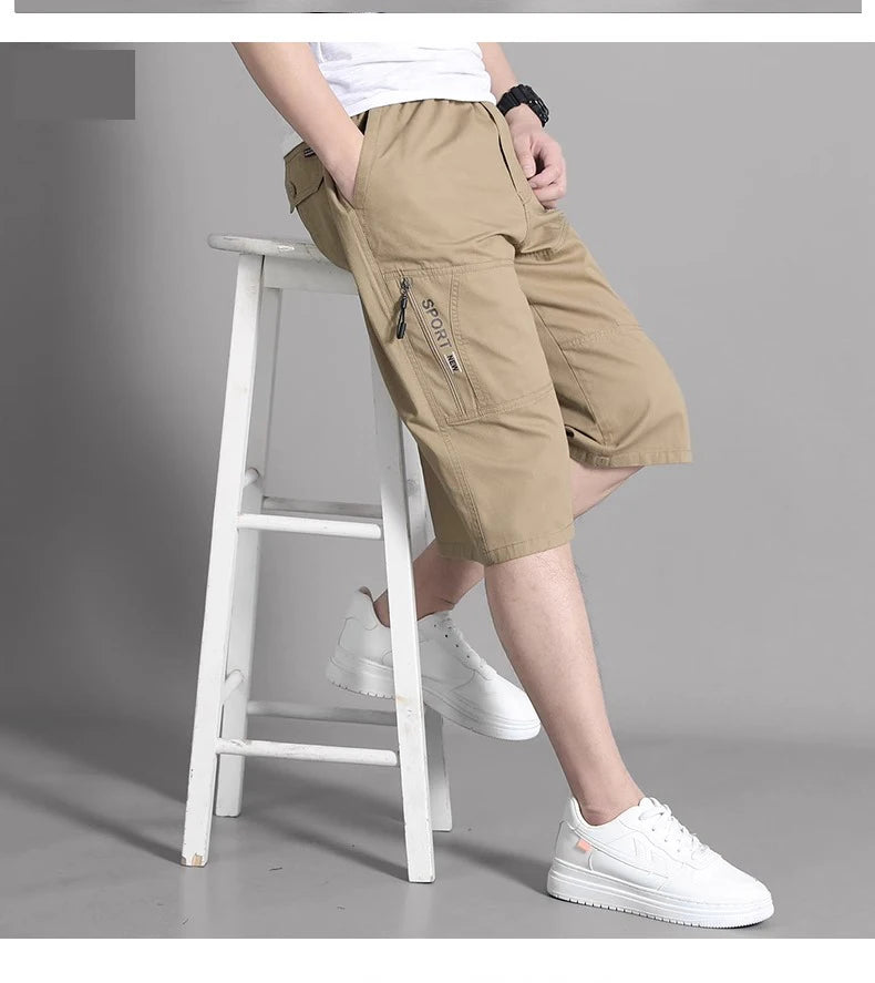 Mens Cargo Shorts Knee Pants Zipper Pocket Summer Cotton Shorts Climbing Jogger Elastic Waist Sports Wear