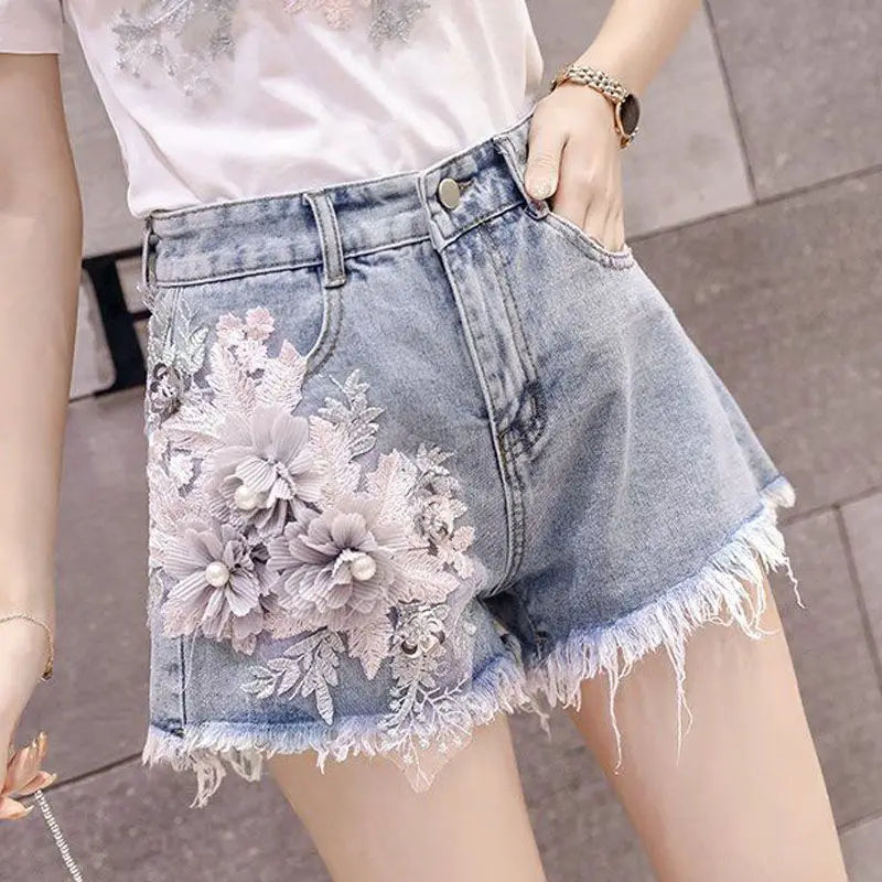 Denim Shorts Women's Latest Summer Outfit Wearing Loose European Fitting Versatile Slim High Waisted Perforated Short Jean Pants - reetell