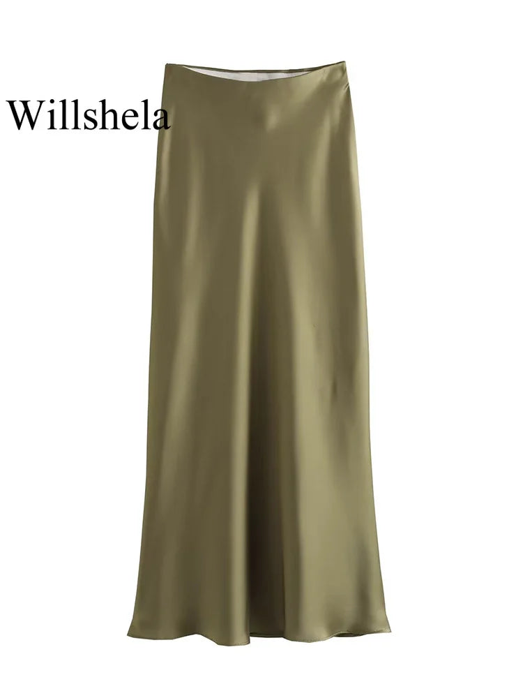 Willshela Women Fashion Satin Solid Pleated Midi Skirt Vintage Mid Elastic Waist Female Chic Lady Skirts - reetell