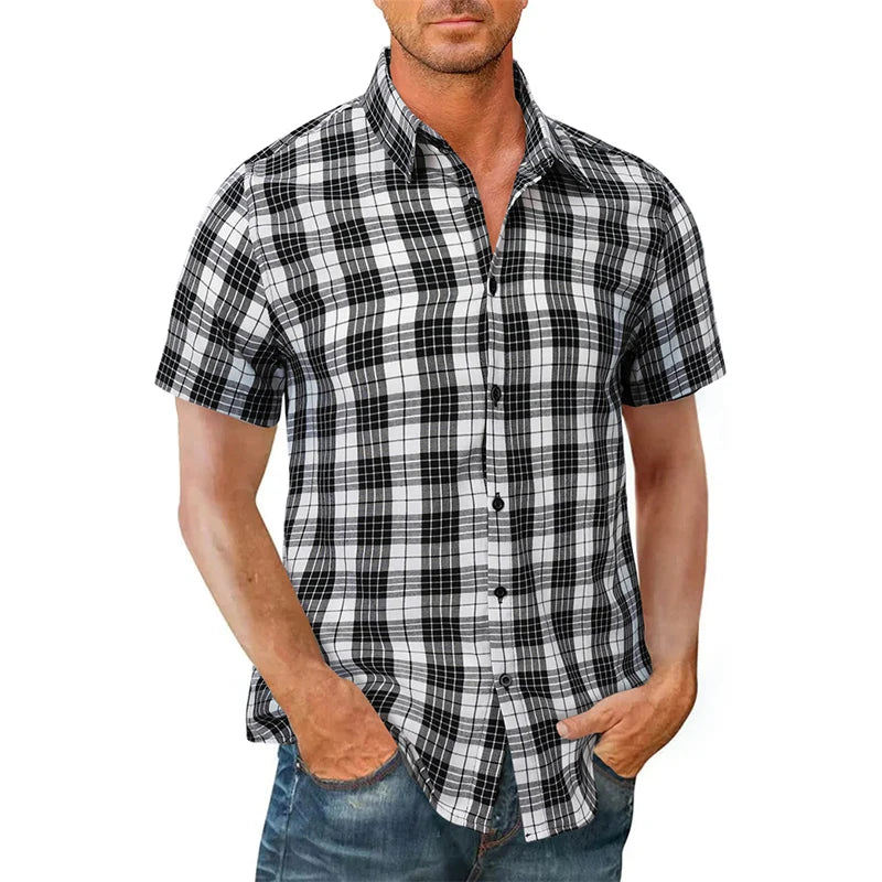 2023 New Men Casual Plaid Flannel Shirt Short Sleeved Chest With Pocket Design Fashion Printed-Button (USA SIZE S M L XL 2XL)