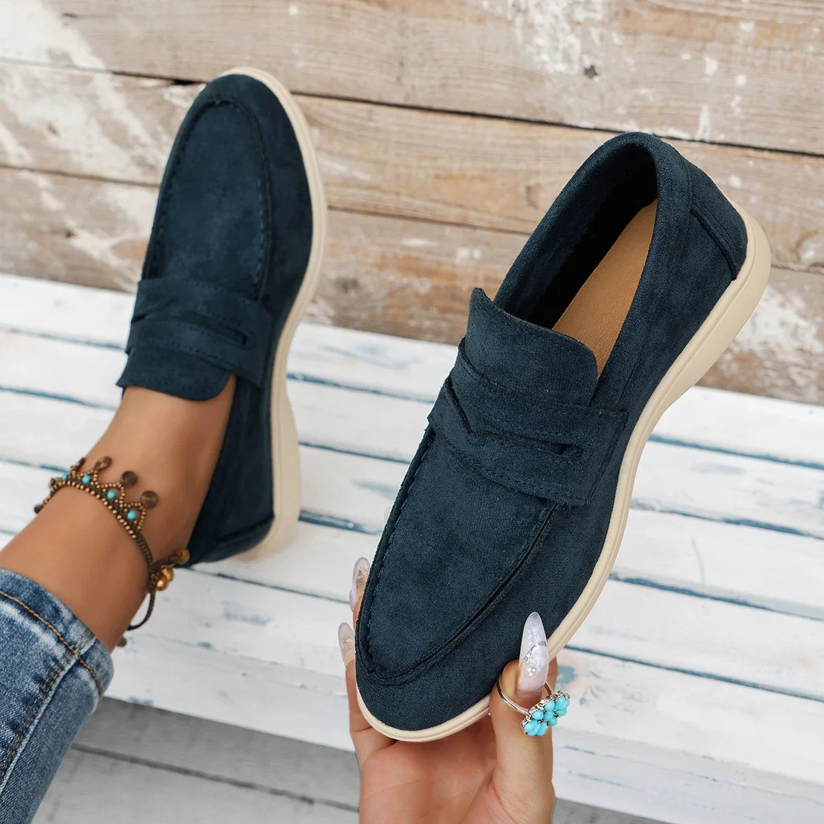 Women Flat Shoes Khaki Suede Summer Walk Shoes Slip-on Lazy Loafers Causal Moccasin Comfortable Mules Driving Shoes