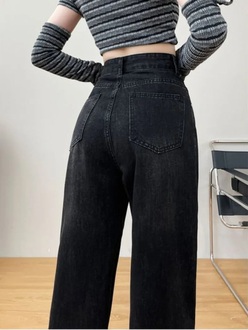 Spring Autumn Black Straight Solid Color Casual Loose Baggy Jeans Women High Waist Wide Leg Y2K Aesthetic Denim Pants Streetwear - reetell