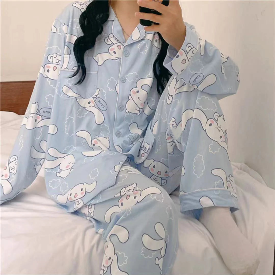 Sanrio Cinnamoroll Cartoon Women's Pajama Y2k Cute Fashion Sleepwear Set Woman 2 Piece Long Sleeve Home Suit For Female 2023 New