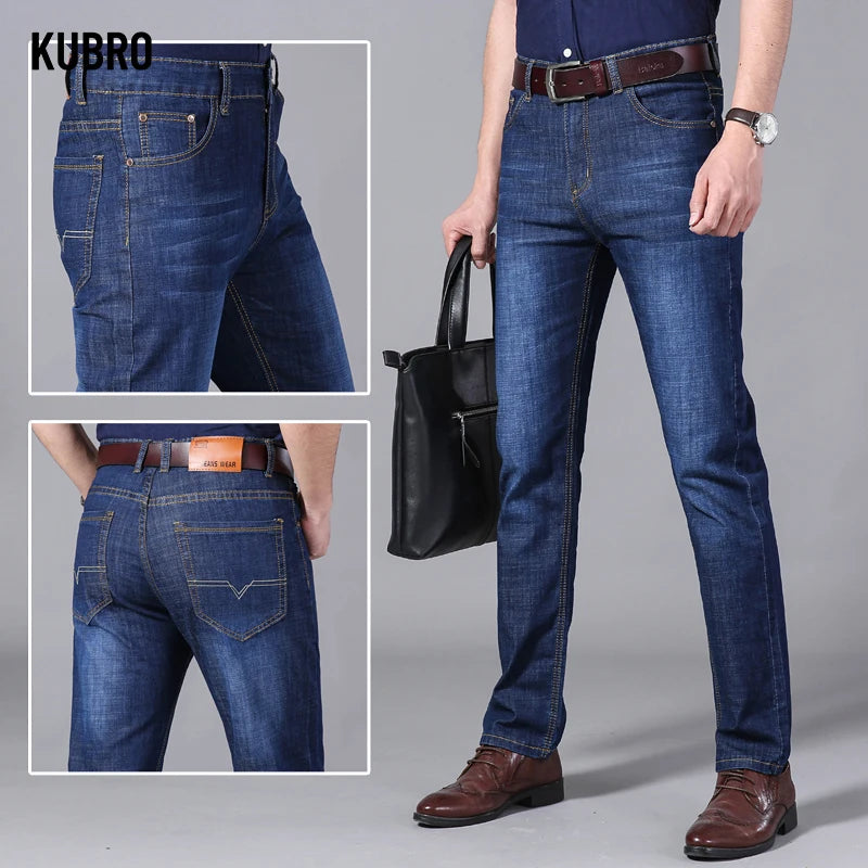 KUBRO Men's Jeans Summer Thin Pants Straight Blue Jean Baggy Casual Work Denim Pant High Elasticity Wide Leg Business Male - reetell