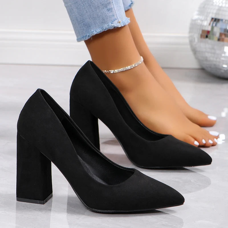 Sexy Black Square Heels Office Shoes Women Pointed Toe Slip-On High Heels Pumps Woman Autumn Shallow Suede Dress Shoes Female