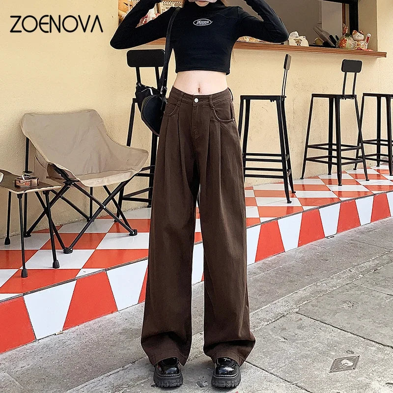 ZOENOVA Spring Autumn Korean New Fashion Dark Brown Women's Jeans Street Casual Wide Leg Pants Loose Straight Versatile Trousers - reetell