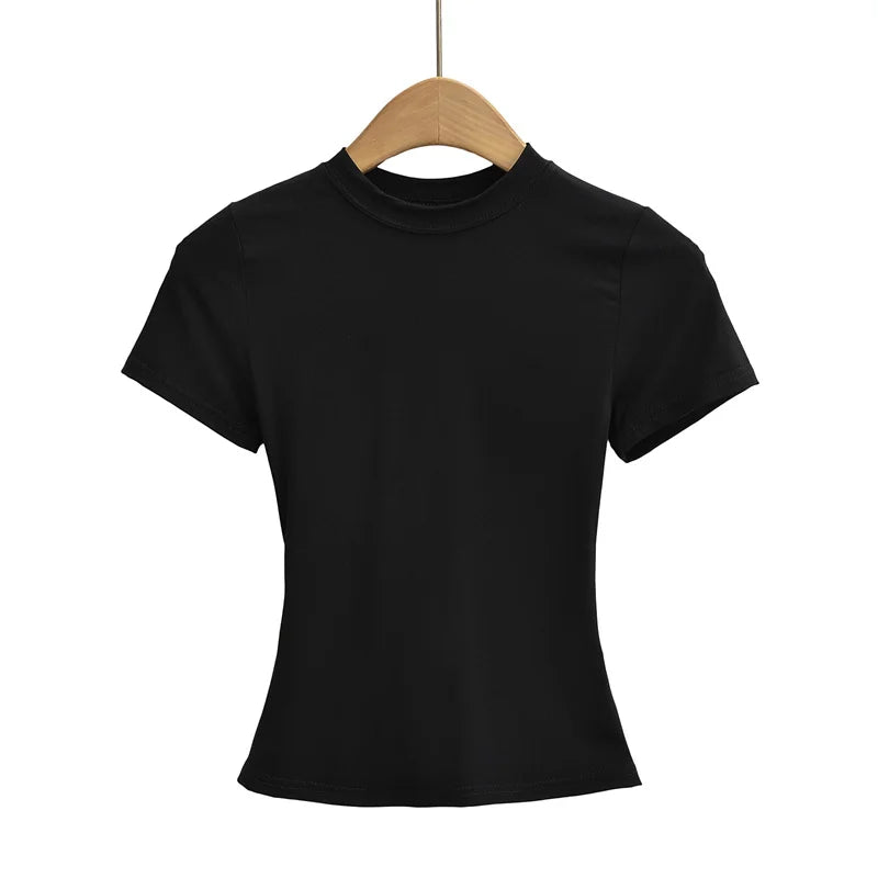 2024 New High Quality Casual T shirt Sexy Slim Short Sleeves Fashion Trend Solid Women Clothing y2k Tops - reetell