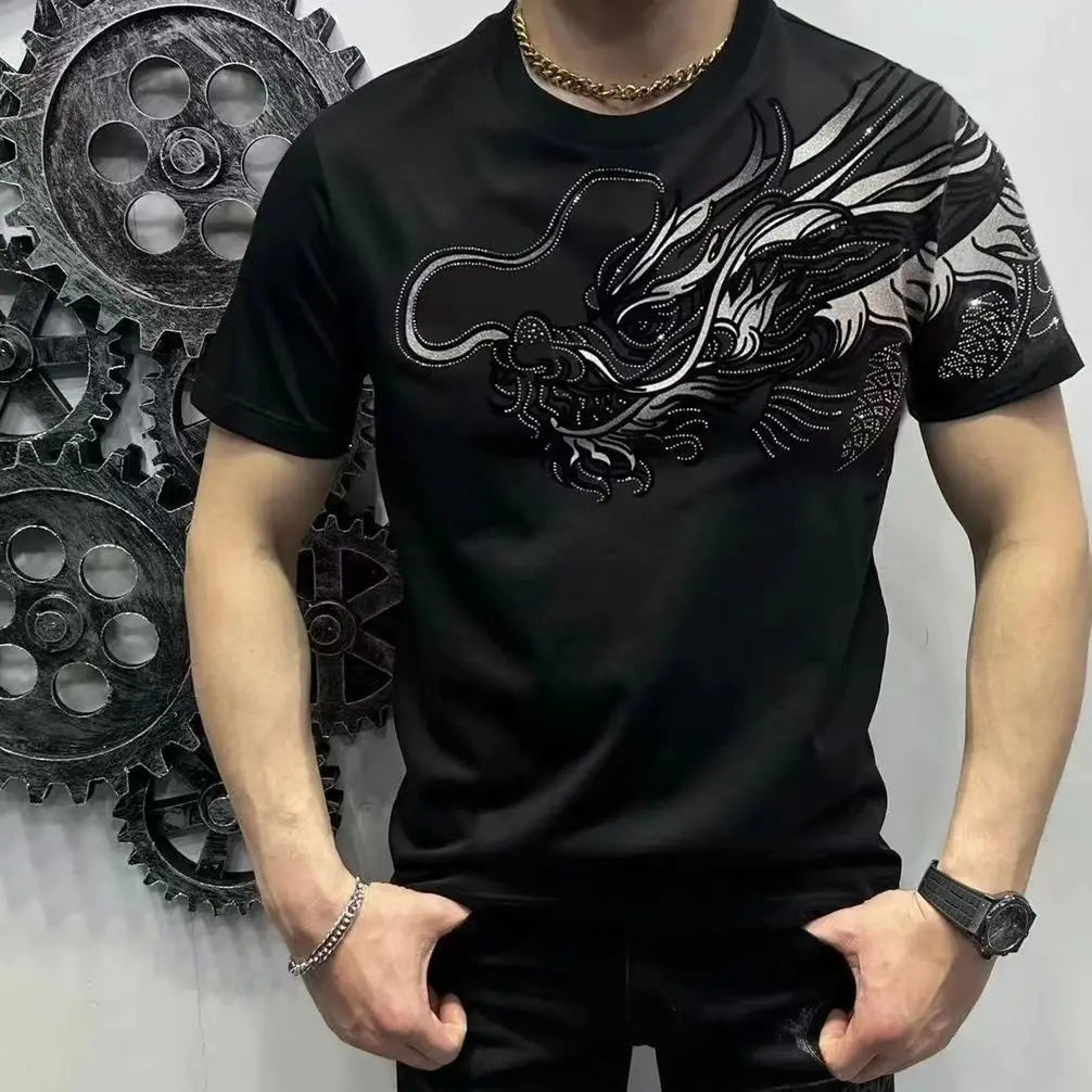 Man Tee Shirts Rhinestones T Shirt For Men Cool Print Top Black Graphic Goth Grunge Rock Cheap Clothes And High Quality Basic S - reetell