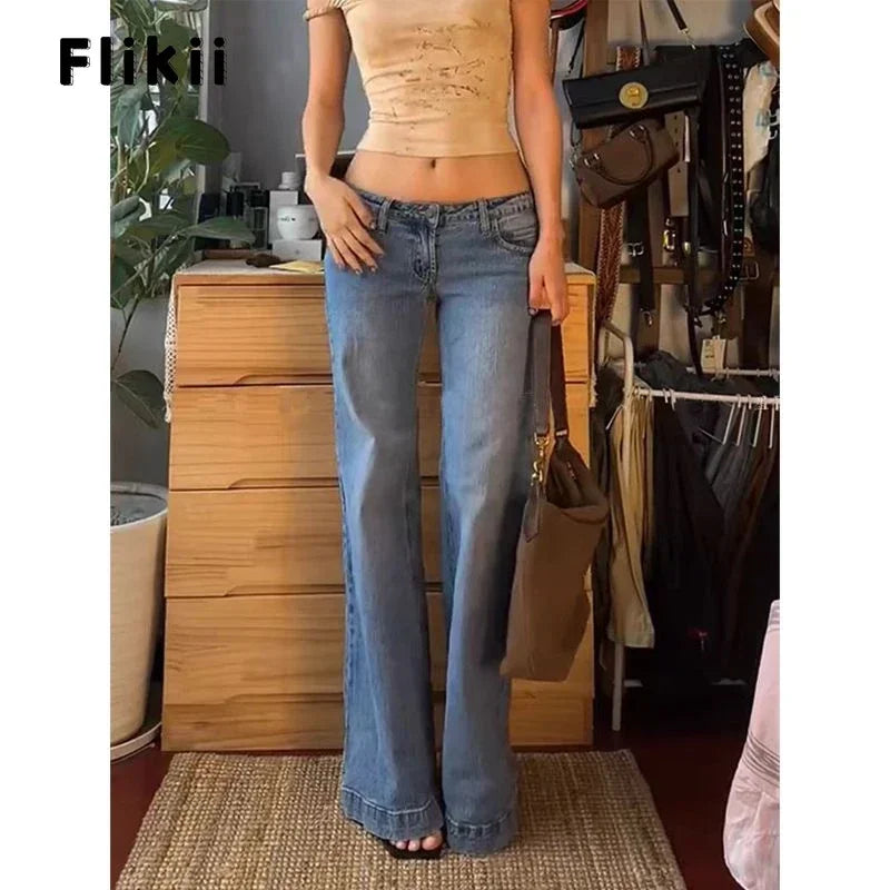 Women's Retro Washed Low Waisted Flared Jeans 2024 New Chic Casual Wide-leg Pants Female Sexy Denim Bell-bottoms Trousers Y2K - reetell