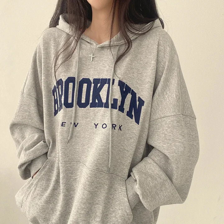 BROOKLYN Letter Print Hoodies Women Retro Chic Long Sleeve Loose Pullovers 2024 Harajuku Casual Hooded Sweatshirt Y2K Streetwear - reetell