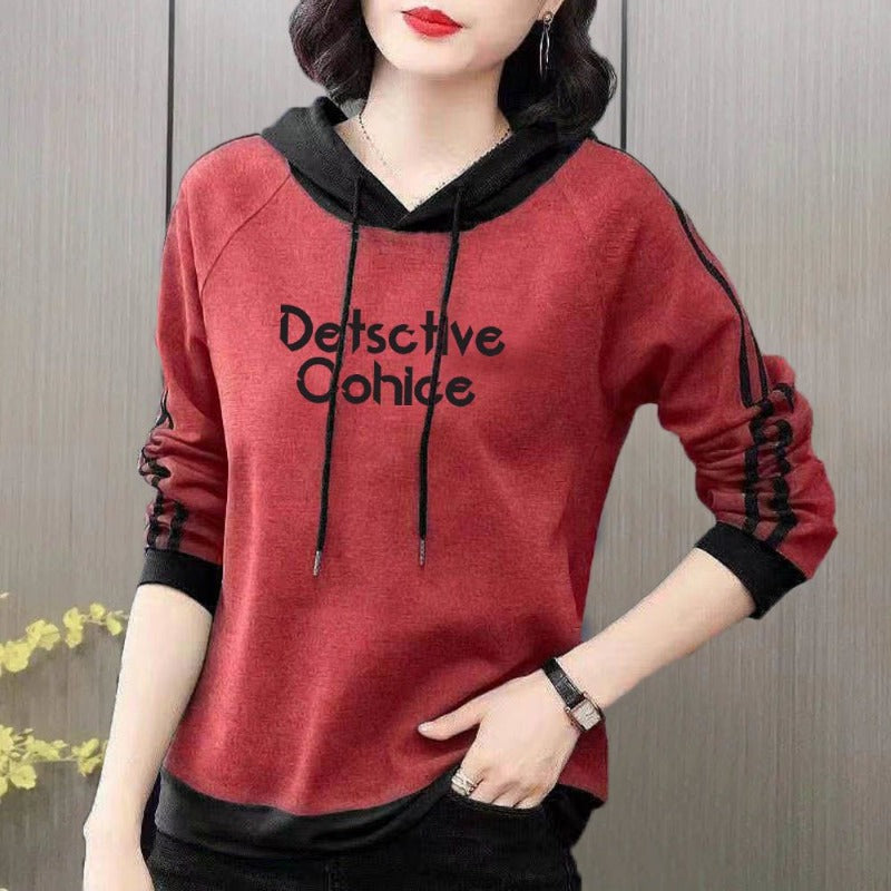 Spring and Autumn Women's Pullover Long Sleeve Hooded Print Stripe Letter Panel Drawstring Graphic Loose Fashion Casual Sweaters - reetell