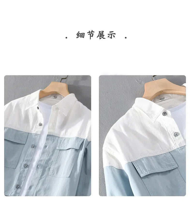 Contrast Color Patchworked Shirt Men Clothing Cotton Long Sleeve Spring Autumn Retro Cargo Casual Wear Pockets Fashion Loose - reetell