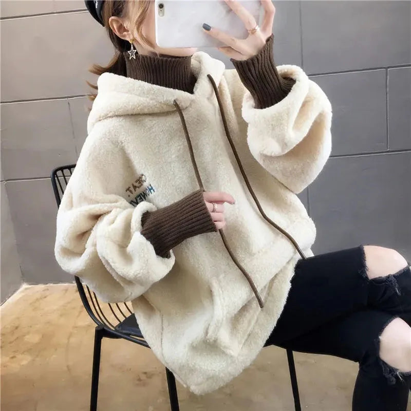 Faux Lamb Sweatshirt Women Loose Fake Two Piece Fashion Hoodies Fluffy Big Pocket Letter Long Sleeve Winter Female Tops - reetell