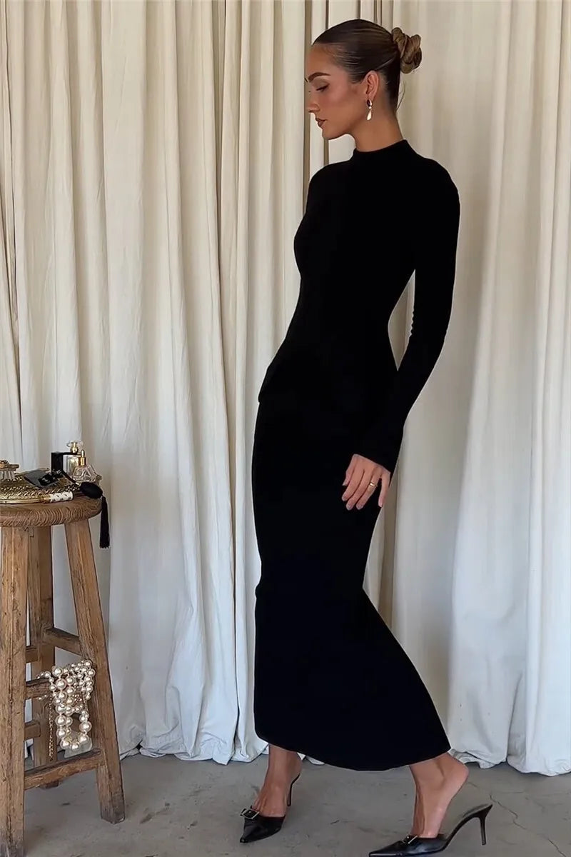 Mozision Black Long Sleeve Sexy Maxi Dress For Women Autumn Winter New O Neck Two Pocket Back Split Bodycon Long Dress Elegant - reetell