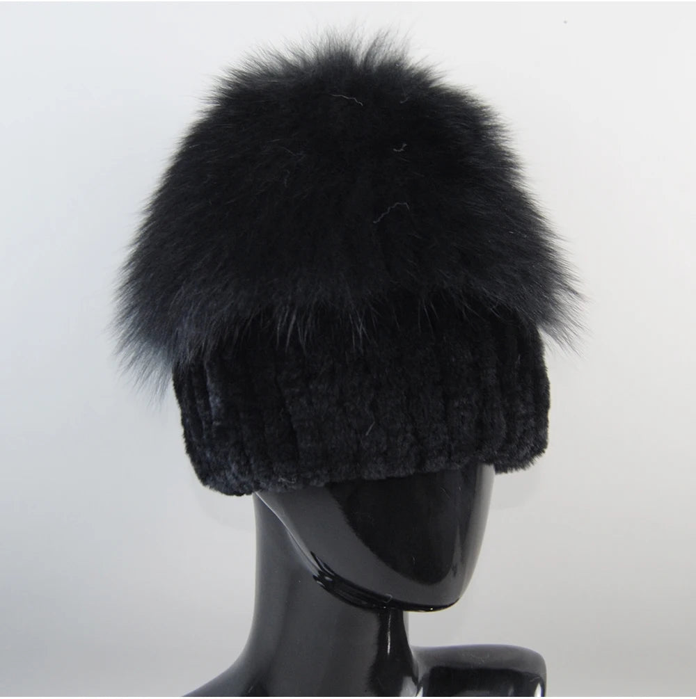 2024 Lady Winter Real Fur Hats Women Warm Knitted Genuine Rex Rabbit Fur Hat Top Natural Fox Fur Bomber Caps Rex Rabbit Fur Cap - reetell