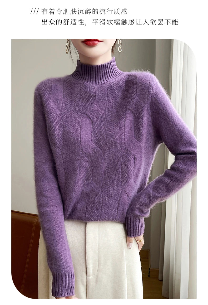 100% Merino Wool Half Turtleneck Pullover Women's Autumn and Winter Thick Twist Flower Sweater Korean Fashion Women's Wear - reetell