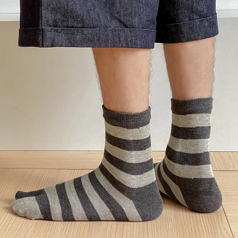 Men's 2 Finger Slipper Socks Cotton Tabi Toe Socks Mid-tube Autumn Sweat-absorbing Striped Two Toed Flip-flop Socks Man EUR38-43