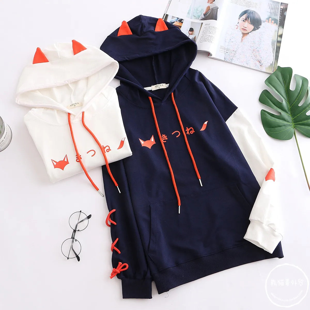 Hot Autumn Cute Fox Printing Hooded Sweatshirt Women Clothing Pullovers Plus Velvet Patchwork Female Sweet Thick Warm Hoodies - reetell