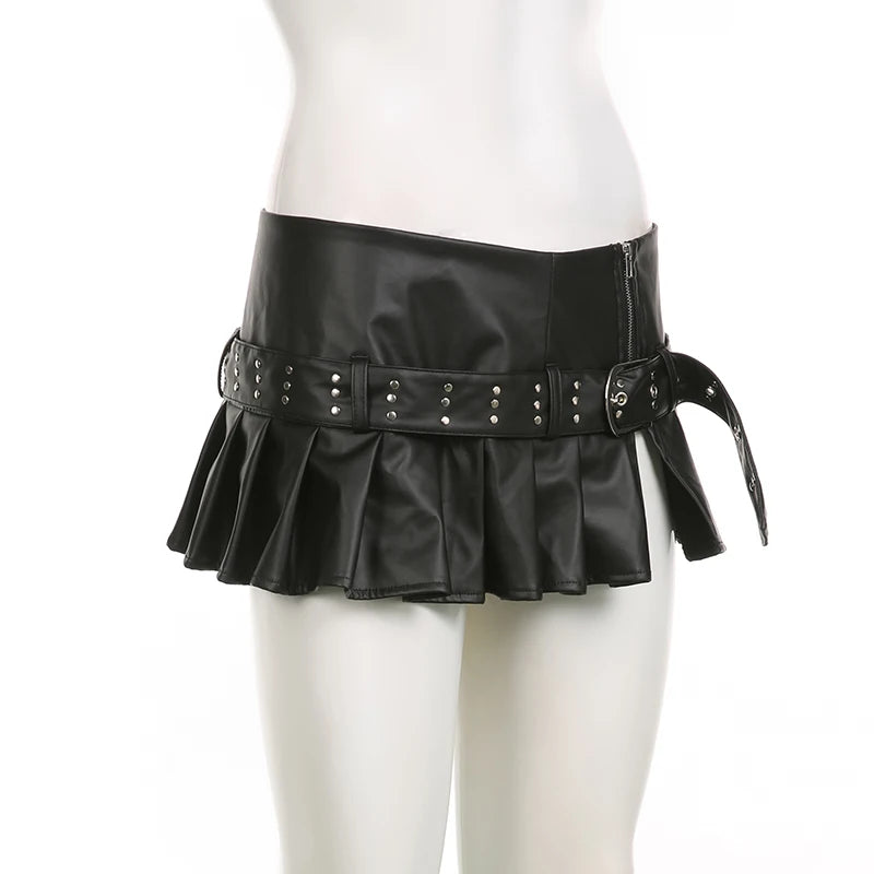 Rockmore PU Leather Women'S Mini Skirt Belt Low Waist Gothic Black Vintage y2k Streetwear Zipper Pleated Skirt Harajuku Korean - reetell