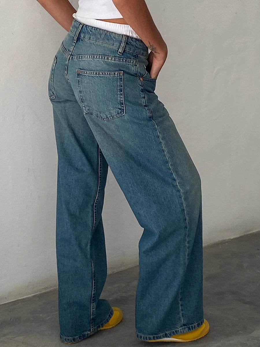 Y2k Vintage Low Rise Jeans for Women Jeans Wide Straight Leg Baggy Jeans Boyfriend Denim Pants with Pocket Streetwear - reetell