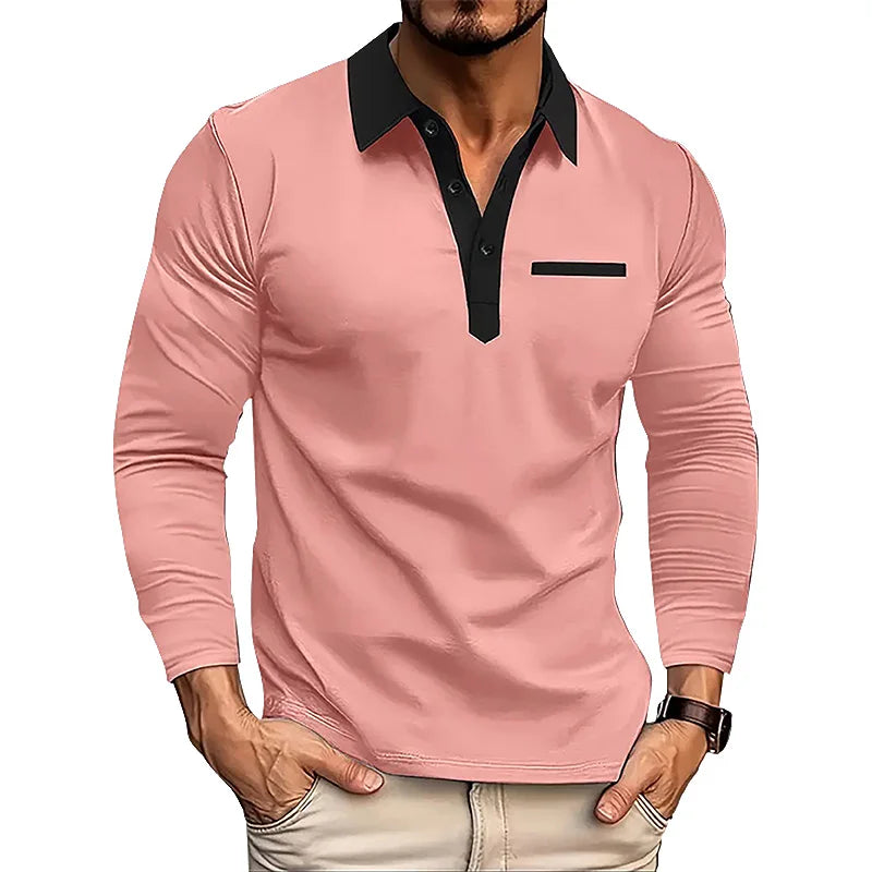 Spring and Autumn Men's Long sleeved Polo Shirt business casual Fashion Classic lapel neck Shirt European and American plus size