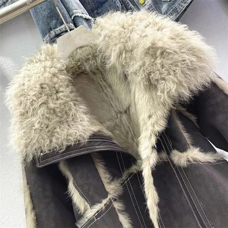 2024 Winter Short Style Fur Women Sheepskin Jacket Tanned Suede Luxury With 100%Natural Rabbit Lining Luxury Fashion Fur Coat - reetell