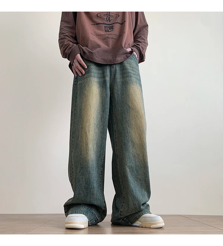 Distressed Vintage Blue Jeans Pants Men Wide-leg Denim Trousers Male Oversize Streetwear Fashion Casual Baggy Straight Jeans - reetell