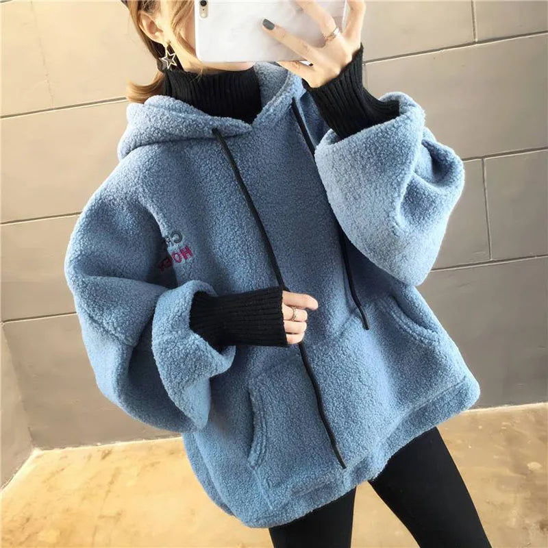 Faux Lamb Sweatshirt Women Loose Fake Two Piece Fashion Hoodies Fluffy Big Pocket Letter Long Sleeve Winter Female Tops - reetell