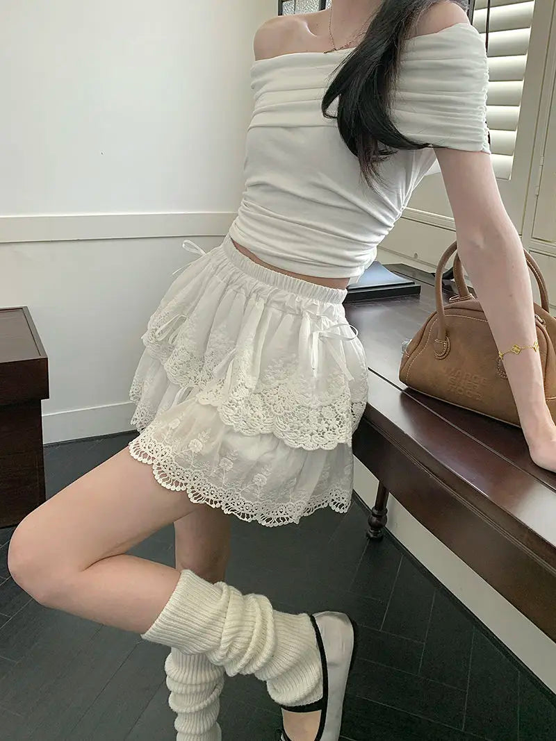 Deeptown Coquette White Lace Short Skirt Ruffle Women Sweet Bow Kawaii Mini Skirts Patchwork Layered A-line Aesthetics Skirt - reetell