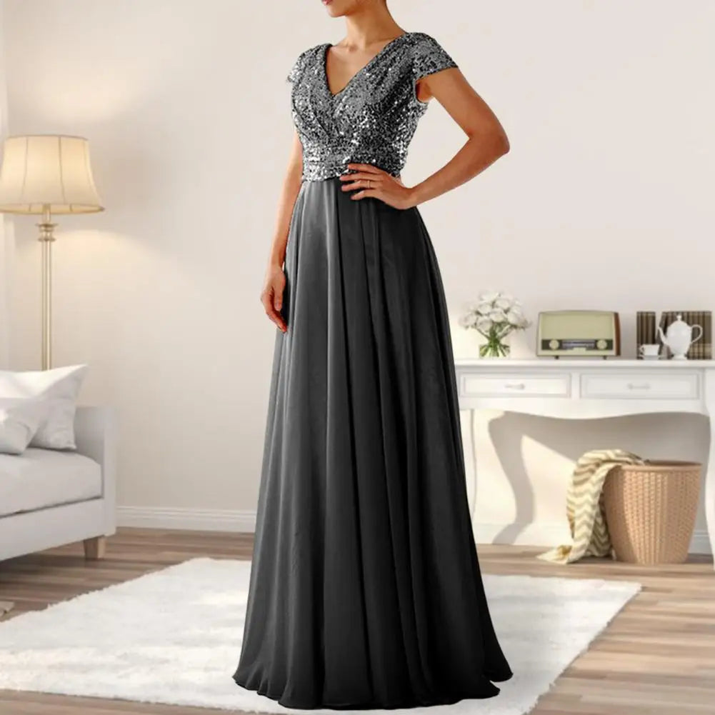 Popular Evening Dress Floor Length Dressing Up Soft Luxury Shiny Sequins Chiffon Splicing Bridesmaid Dress - reetell