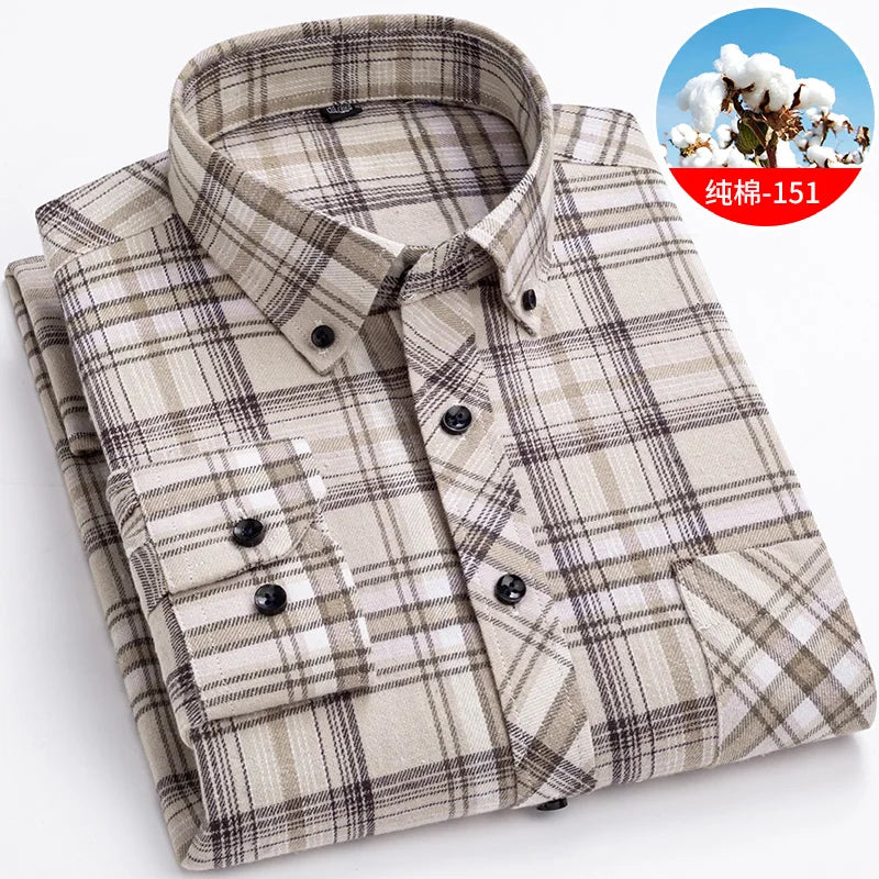 Cotton Mens Checkered Shirts Long Sleeve Soft Plaid Shirt Button Up Regular Fit Leisure Classical Vintage Comfortable Man Tops