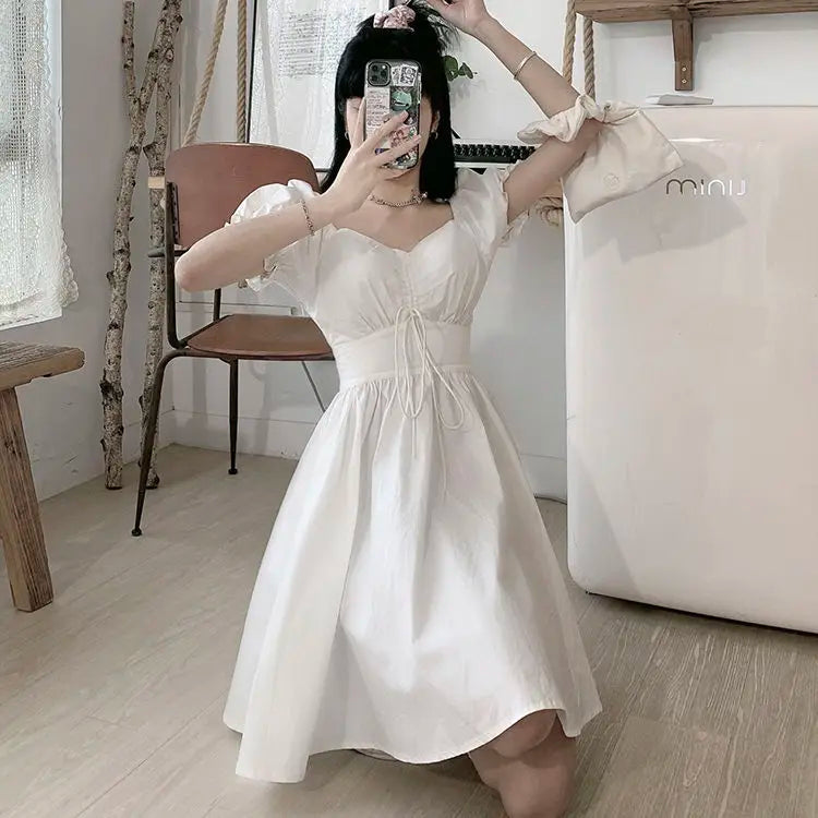 Sweet White Vestidos 2023 New Puff Sleeve Dress Women Mori Vintage Wrap Bodycon Short Dresses Preppy Style School Robes Female - reetell