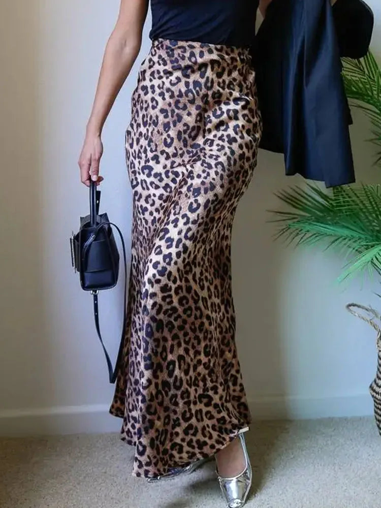 MiuKoMiYa Autumn Satin Leopard Print Maxi Skirt Women High Waist A Line Office Slim Long Leopard Skirt For Women Elegant 2024 - reetell